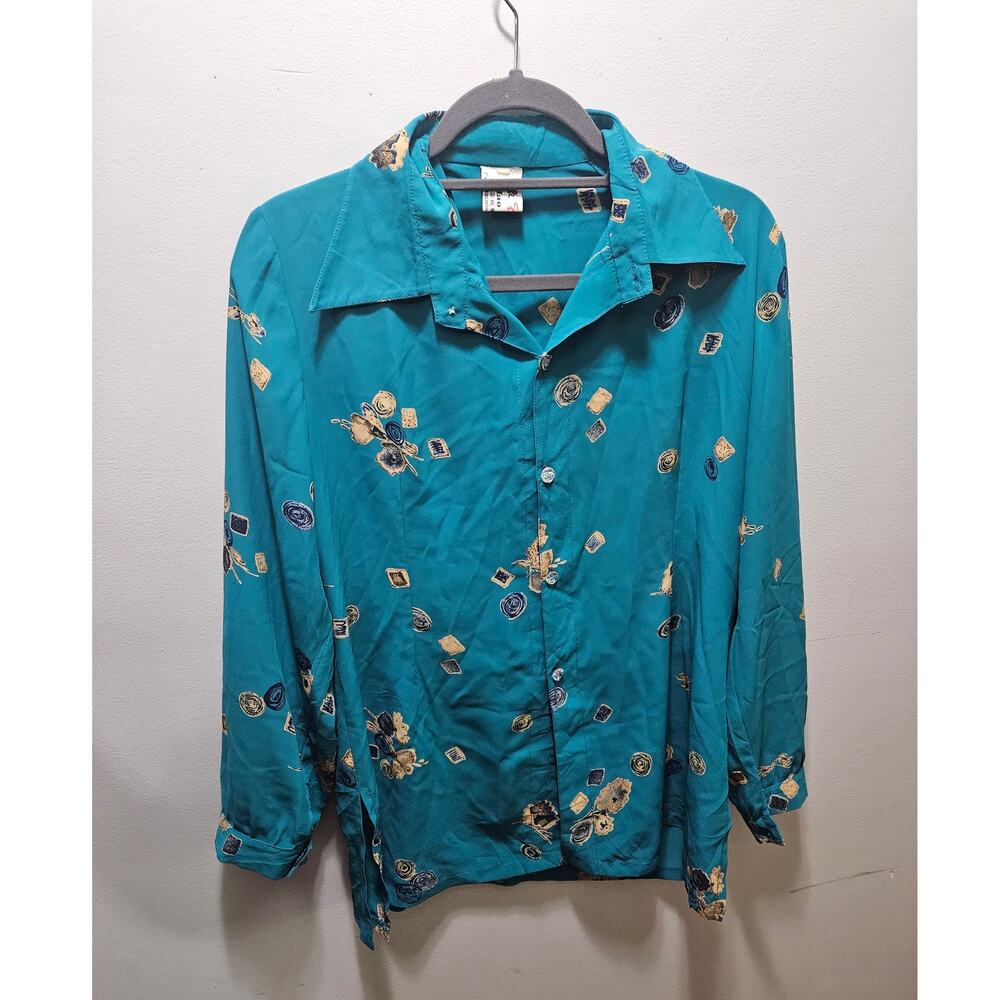 Vintage 80s 90s Hao Wei Teal Abstract Floral Blouse Dagger Collar Button Up L